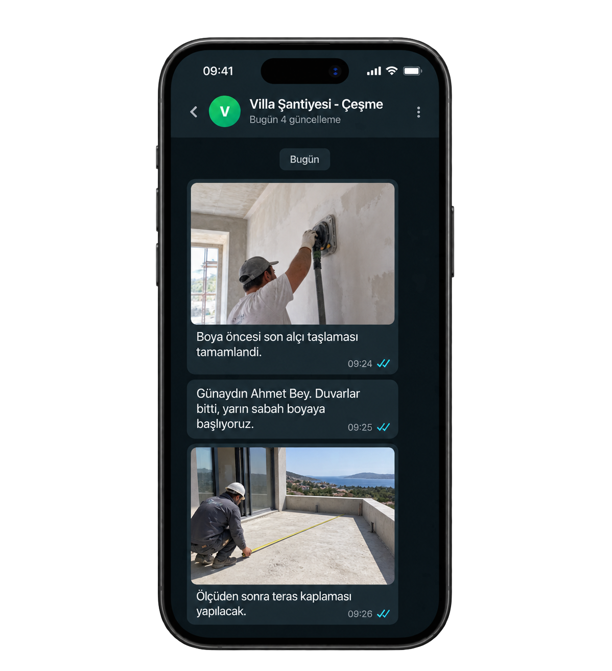WhatsApp şantiye raporlama örneği — Çeşme villa şantiyesinden günlük fotoğraf paylaşımı